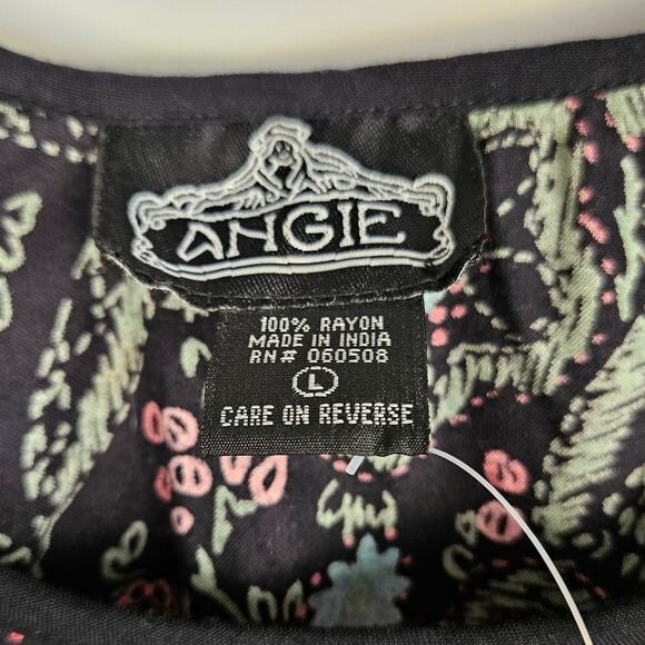 Angie Black Pink Floral BOHO Mini Dress With Pockets Size Large Dolman Sleeve - Picture 4 of 9